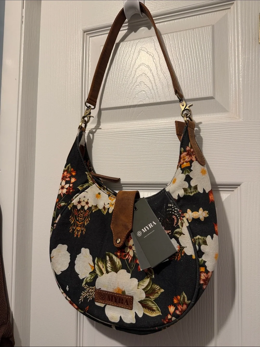 NWT Myra Bag Black Floral Crescent Shoulder Bag with Brown Accents